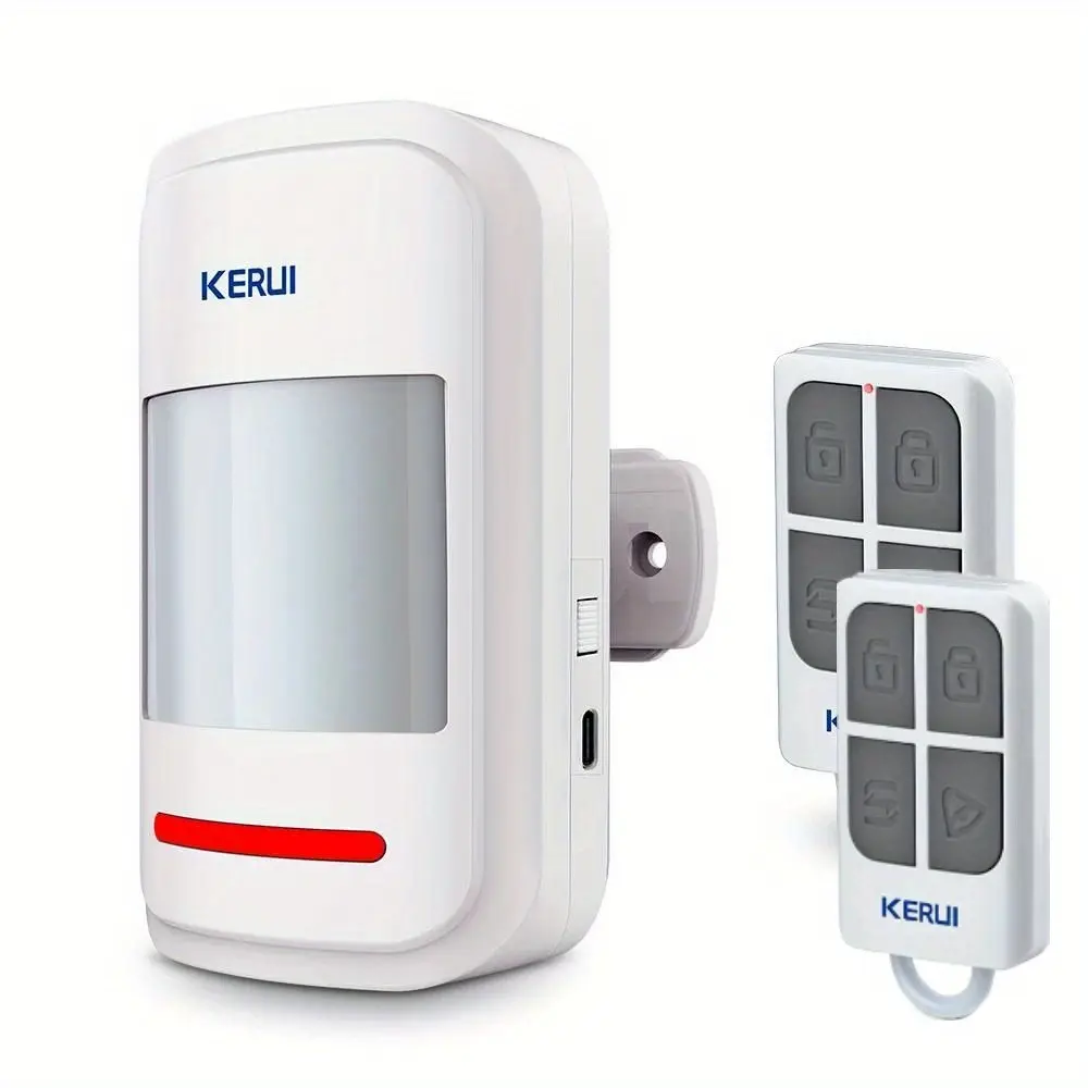 KERUI Compact Motion Sensor Alarm System with 2pcs Remote Control, PIR Infrared Detector, 110° Angle 9m Detection, 2 Power Modes (3x AAA/Type-C), Doorbell Mode Chime, for Home Garage – with Battery