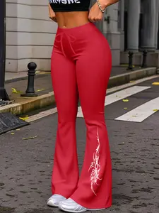 1 Piece, Casual Fashion Adjustable Drawstring Pants, Women's Unique Messy Print White Spider Web Casual Slight Flare Cuffs Yoga Jogging Sports Pants, Streetwear Suitable for