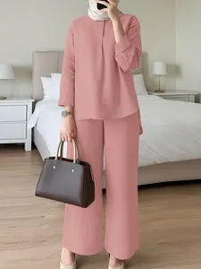 Women's Casual Solid Color Set, Round Neck Long Sleeve Ruched Blouse and Wide Leg Pants Design, Perfect for Daily Commuting, Outfit Sets Women