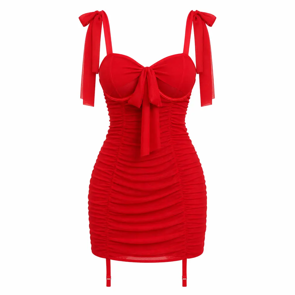 Women's Vibrant Red Sheer Ruched Bodycon Mini Dress - Tie Halter Straps, Open Back, Large Bow Detail for Summer Parties, Nightclub Outfits