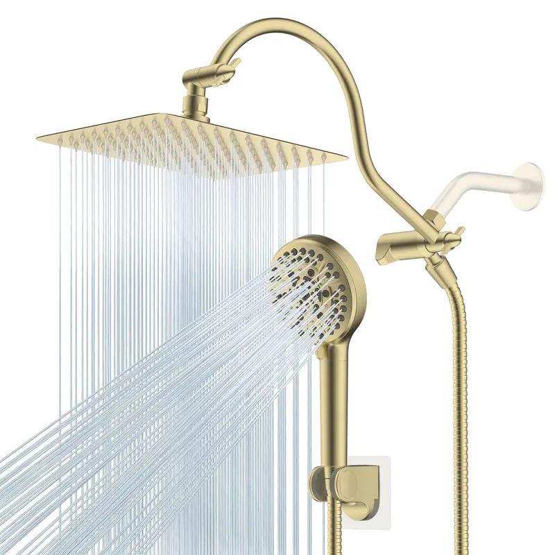 Hibbent All-Metal CUPC Certified Shower Upgrade Kit, 10'' High-Pressure Rainfall & Handheld Showerhead Set with 12-inch Extension Arm, 10-Spray Modes, 71-inch Hose, 3-Way Diverter, Wall Mount Holder, Brushed Gold for Hair Washing, Baby Baths