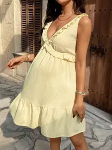 BELLAdresses Maternity Casual Frill Trim Short Dress Yellow Summer Dress Yellow Vacation Dress Lemon Dress Women Ruffle Backless Dress Smocked Sundress Light Yellow Dress Women Ruffle Trim Dress Summer Sun Dress Italian Summer Dress
