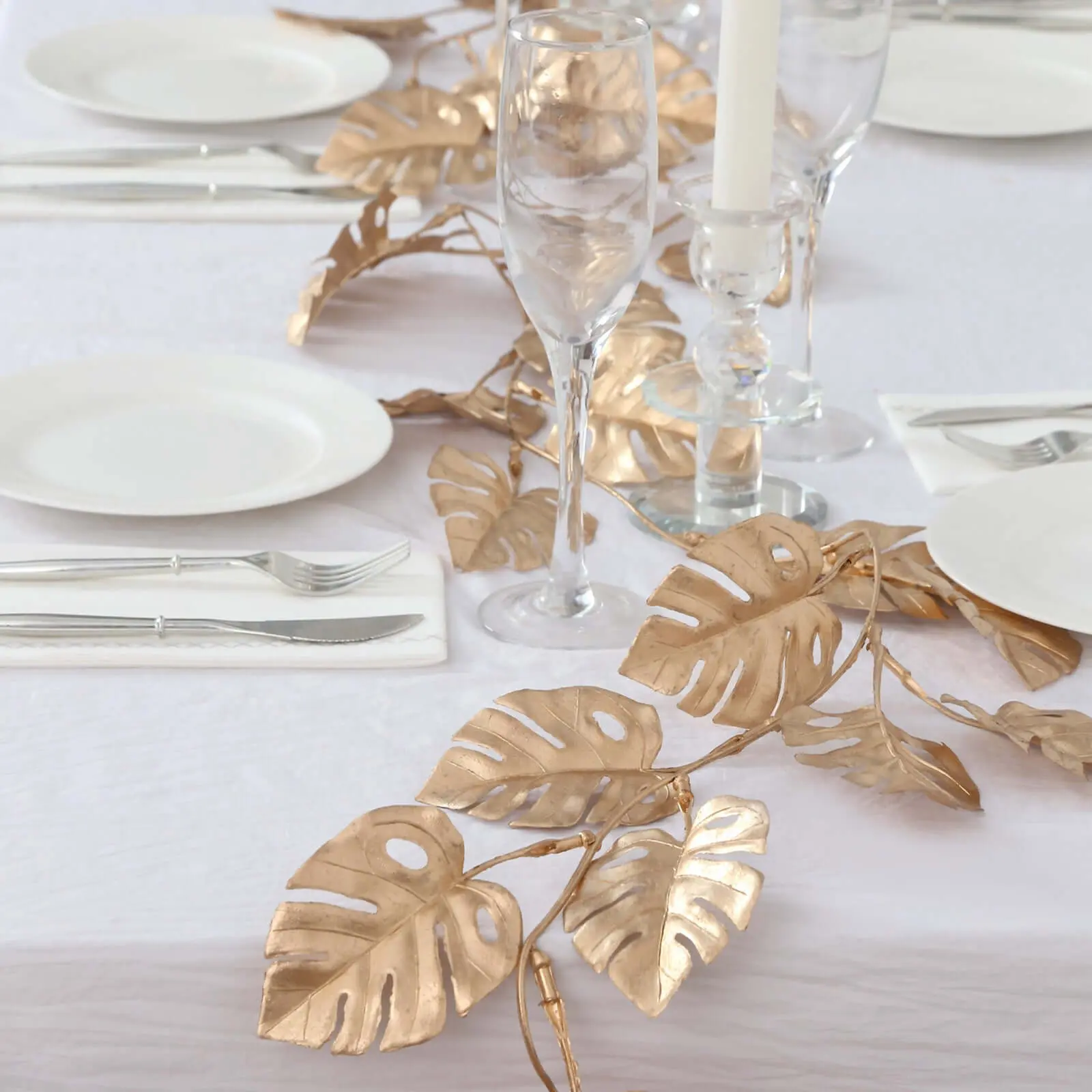 7ft Metallic Gold Artificial Monstera Leaf Table Garland - Decorative Faux Hanging Vine, Floral Plant, Botanical Flower Arrangement for Jungle Tropical Weddings, Events, Artificial Floral Plant
