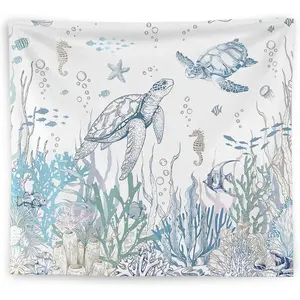 Ocean Tapestry, Sea Turtle Starfish Seahorse Coral Fish Under the Sea Tapestry Wall Hanging, Ocean Room Decor, Nautical Coastal Wall Blanket Decor for Home Bathroom Kids Room Nursery 50x60 Inch