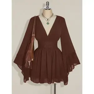 Plus Size V-Neck Ruched Waist A-Line Dress With Flare Sleeves, Boho, Hippie, Y2K Style, Suitable For Autumn, Nomadic Vibe, Autumn Vacation, Music Festivals, Graduation & Back To School Season,Fall Clothes For Women Can be used wit