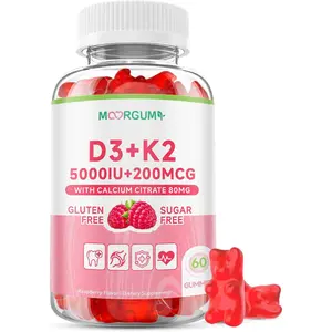 Vitamin D3 K2 Gummies with 5000 IU D3 200mcg K2 MK4 and MK7 Blend 80mg Calcium Supports Calcium Absorption Bone Health and Immune Support Raspberry Flavor 60 Count Daily Strength Bone Density and Heart Health Formula