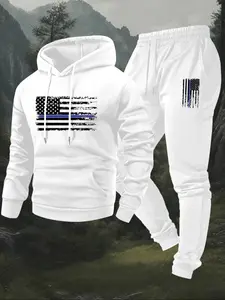 Men's Fall Winter Fleece Sweatshirt Set, Graphic Print Hoodie + Drawstring Casual Sport Pants, 2 Piece Set, Long Sleeve, H Type Silhouette, Graphic Tracksuit