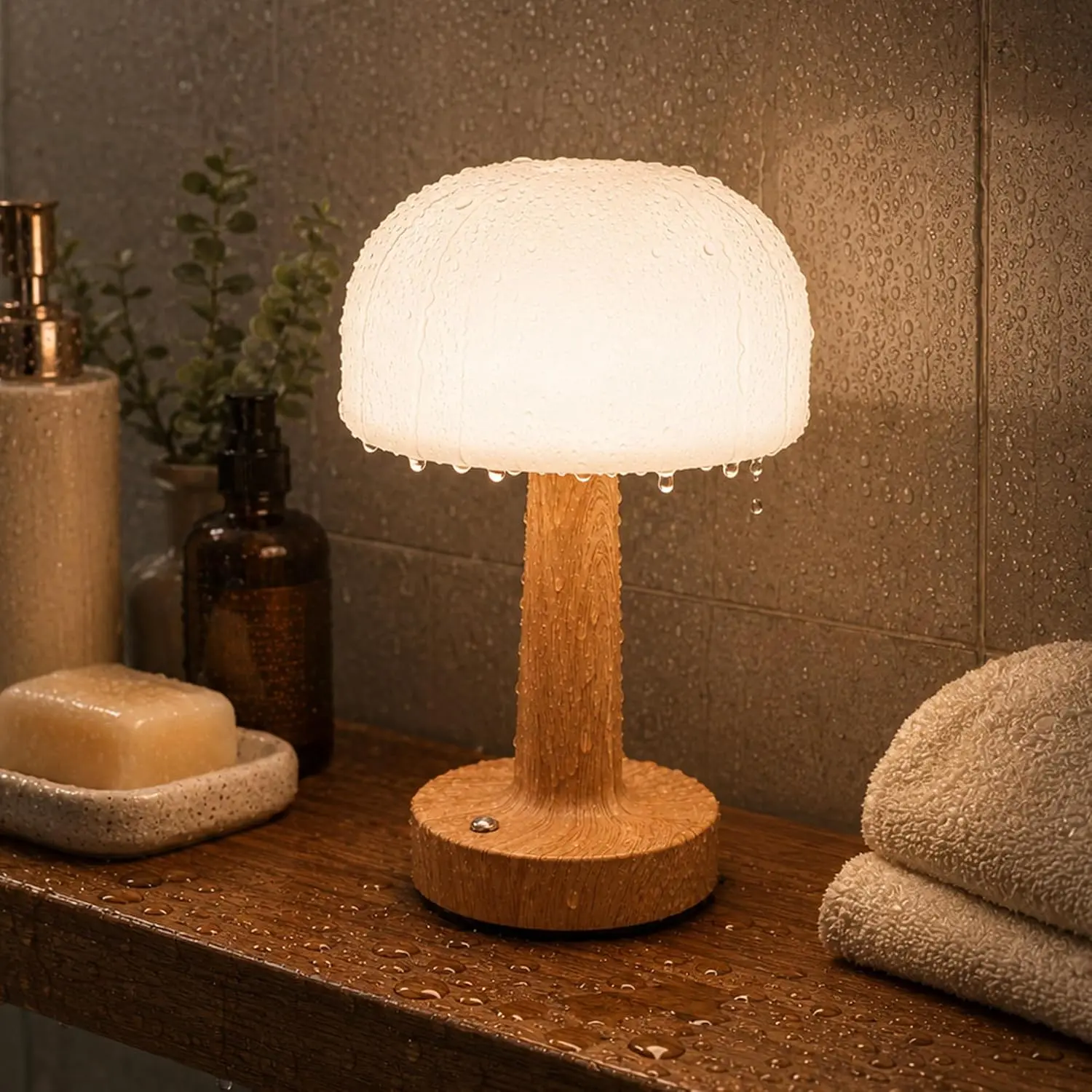 Spa-Like Shower Lamp, Cordless Table Lamp, Wood Grain, Rechargeable Shower Light for Inside Shower with Touch Control Dimmable, 3CCT Mood Light for Bathtub, Patio, Outdoor