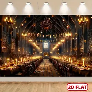 1pc 2D Flat Enchanting Castle Backdrop Enchanting Magic School Castle Backdrop - Polyester Photography with Candlelit Church Scene, No Power Needed for Theme Parties &