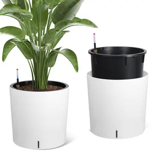 GARVEE Tall Round Planter Set of 2, 19.5‘’ H x 19.9" Dia Large Planters for Indoor Plants with Built-in Drainage and a Water Level Monitor and Wheels for Patio, Porch, Living Room, or Home Office, White