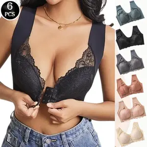 Women's 6 Pcs Plus Size Front Closure Bra - No Underwire Seamless Contrast Lace Design, Comfortable Push Up Bralette, Supportive Unlined Brassiere for Large Bust &Everyday Sports Wear