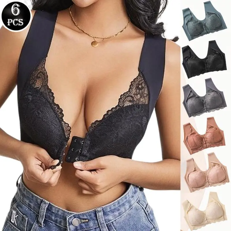 Women's 6-Piece Plus Size Wireless Deep V Front Buckle Bra - No Underwire, Seamless Contrast Lace, Comfortable Push Up Bralette, Supportive Unlined Bridal Lingerie for Large Bust & Everyday Wear, Deep V Bras, Basic, 6Pcs Mix Colors, Wedding, Chic