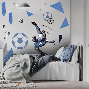 Sports Theme Creative Wall Stickers, Blue Player Shooting Decals, Football Pattern DIY Wall Decor, Waterproof PVC Bedroom Decoration