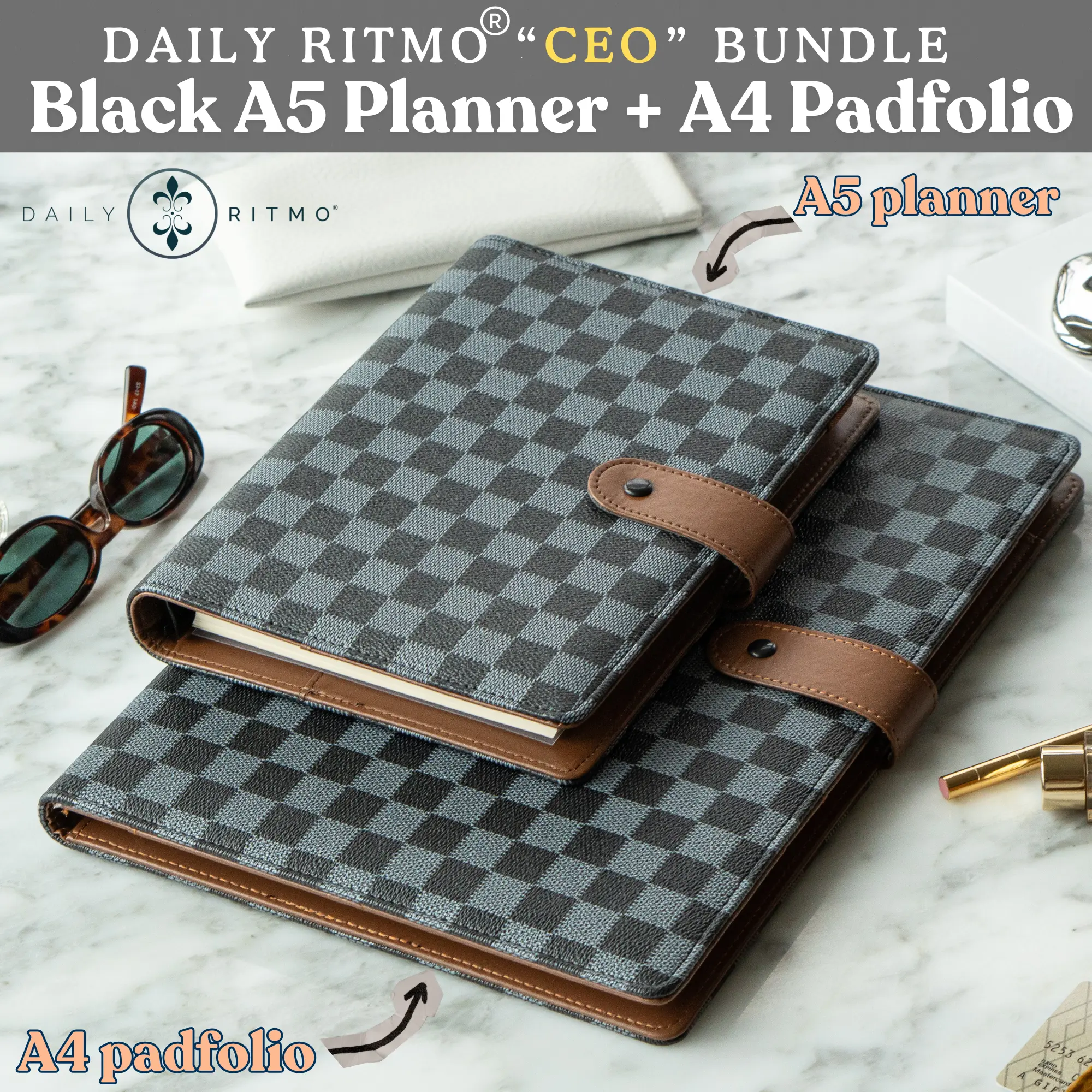 DAILY RITMO “CEO” Bundle – Black Checkered A5 Planner & Black A4 Padfolio Combo DAILY RITMO “CEO” Bundle – Black Checkered A5 Planner & Black A4 Padfolio Combo