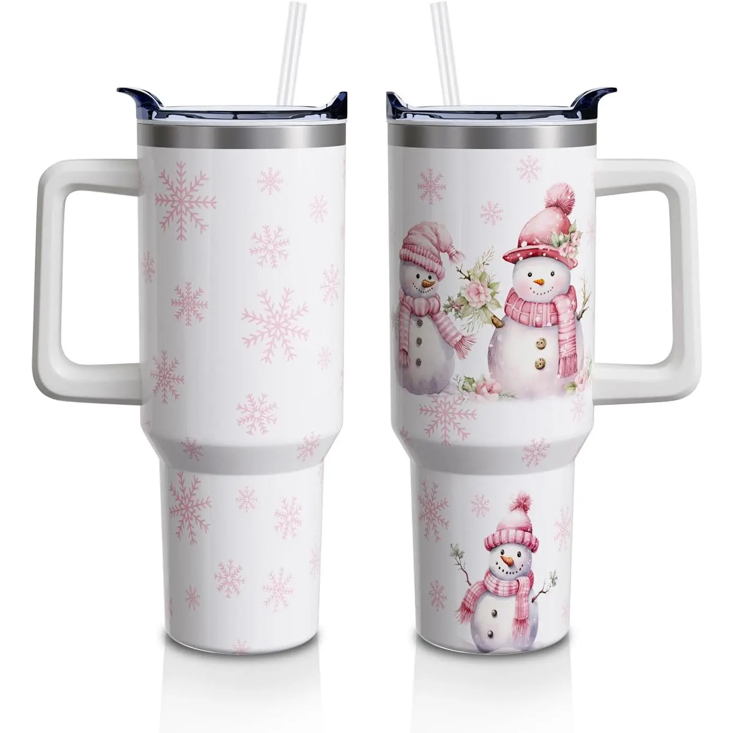 Women's 40 Oz Stainless Steel Insulated Tumbler - Christmas White Snowman Beverage Bottle, Portable Travel Mug with Handle, Transparent Straw, Lid, Easy-Clean Eco-Coating (Ideal Gift for Mom, Sister, Best Friend, Daughter, 1 PC)