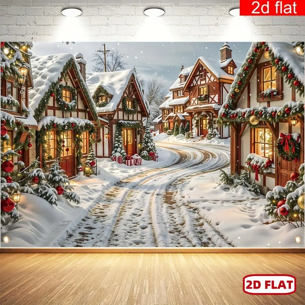 1-Piece 2D Flat Christmas Village Polyester Banner - Vintage Gingerbread Theme Festive Backdrop, Entryway Decor for Winter New Year Home Party Supplies to Boost Festive Atmosphere, Flat Banner