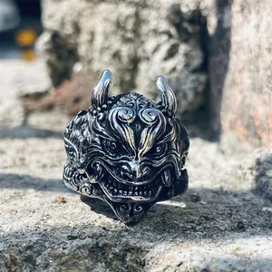 GTHIC Japanese Demon Oni Stainless Steel Ring for Men Women Statement Jewelry Accessories Daily Wear