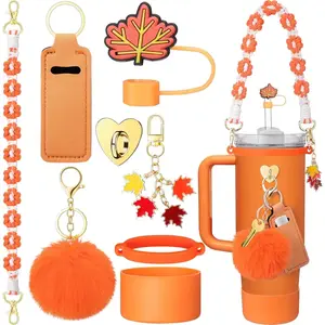 8PCS Cup Accessories for Stanley Cup 30oz 40oz Tumbler with Handle, Including Water Bottle Handle Strap, Chapstick Holder, Boot, Keychain Charms, Straw Topper Cover Cap for Stanley (Orange)