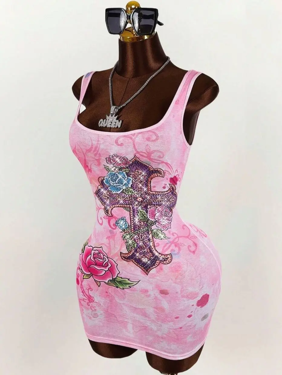 Women's Slim Fit Cross Print Sleeveless Mini Dress - Boho Summer Beach Vacation Outfit