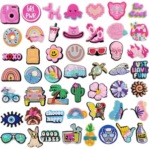 SQ-BR043 30 50 Pack Flower Shoe Decorations Charms for Clog Accessories Pins for Girls Women Cute Preppy Hippie Horse Pink Peace Butterfly Cowgirl Shoe Charms Party Favors Footwear Colorful
