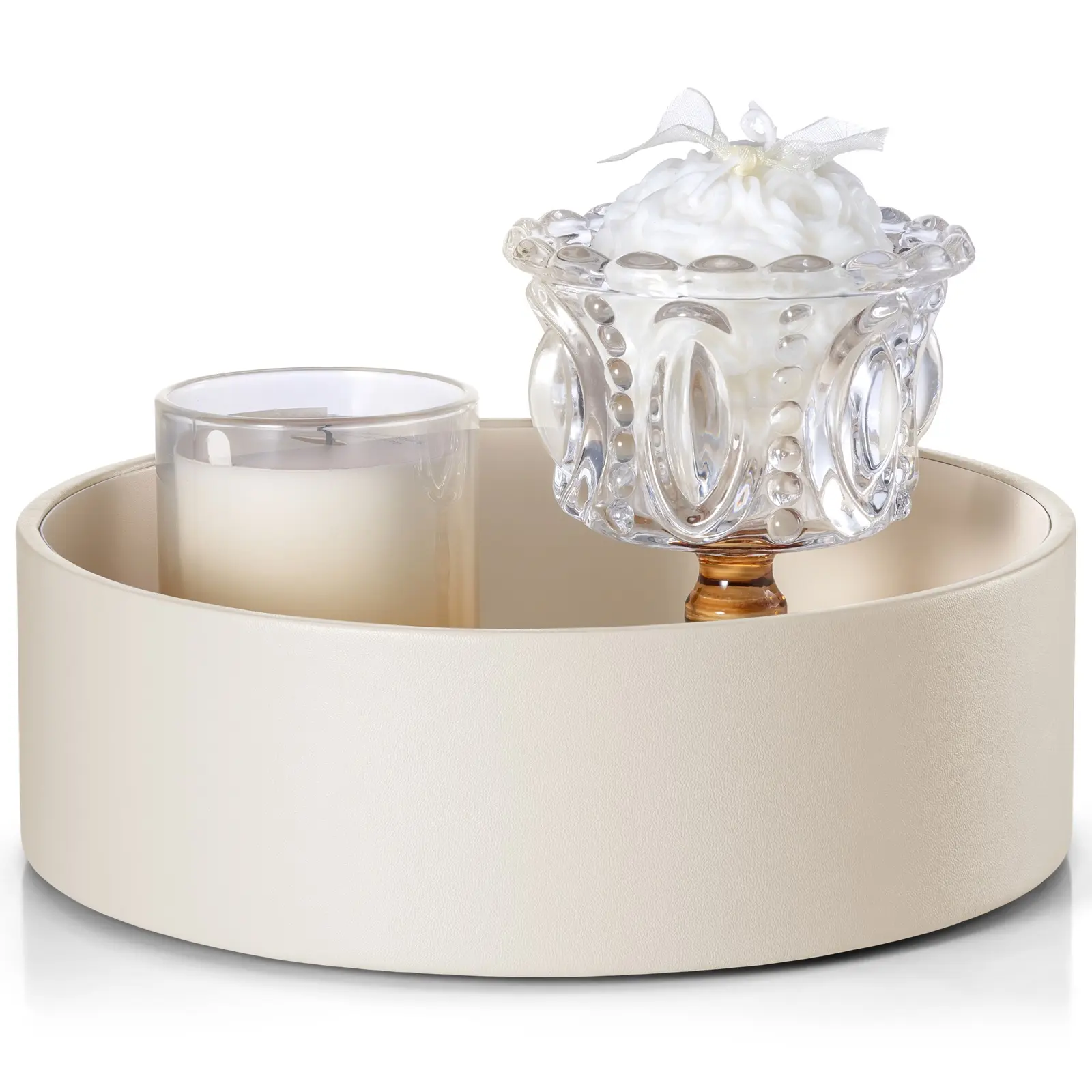 VLANDO Luxury Rotating Perfume Holder & Candle Tray - Premium Leather 360 Spinning Vanity Organizer, Aesthetic Fragrance Display Stand