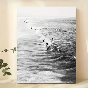 1pc Black & White Ocean Beach California Surfing Wall Art Poster Living Room Bar Cafe Bedroom Office Home Decorative Canvas Painting  Frame ,Wall Art With Frame