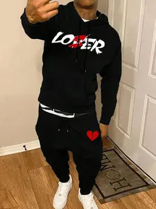 Men's Plush Lined Broken Heart & Letter Print Kangaroo Pocket Drawstring Hoodie & Elastic Waist Sweatpants Set, Valentine's Day Thermal Warm Casual Long Sleeve Hooded Sweatshirt & Pocket Design Jogger Pants, Men's Fall & Winter Clothes, Tracksuit Set