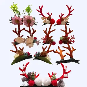 Christmas Reindeer Antlers Cute Decorative Hair Clips Accessories Combo - Pack of 7 pairs for Festive Hair Styling Flowers Deer Horn Daisies Pine Cone Blueberry Golden Leaf Christmas Tree Girl Hair Fabric