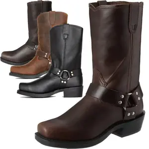 Men's Calf Boots - Square Toe, Tube Surface, Metal Ring Elements, Thick Heel, Western Cowboy Style, Closed Comfort, Suitable for All Seasons