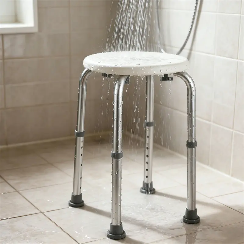 White Adjustable Height Shower Stool - 13.5" to 21" Range, Lightweight Aluminum Construction, 300 lb Weight Capacity, Compact Tub & Shower Seat, Bathroom Safety Accessory