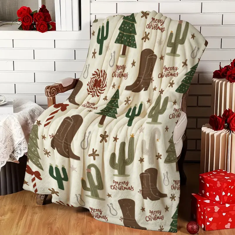 1Pc Western Christmas Blanket - Soft Flannel Throw With Cowboy Boots, Cacti & Stars - All-Season Cozy Decor For Living Room, Bedroom - Western Home Decoration Gift For Christmas - Festive Western-Themed Decorations, Christmas Blanket, Holiday Home Accesso