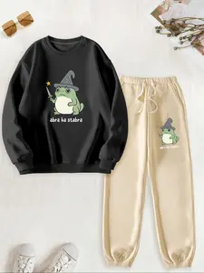 Women's Frog & Letter Print Sweatshirt & Pants Two-piece Set, Casual Round Neck Long Sleeve Pullover & Trousers for Daily Wear, Ladies Fall & Winter Clothes