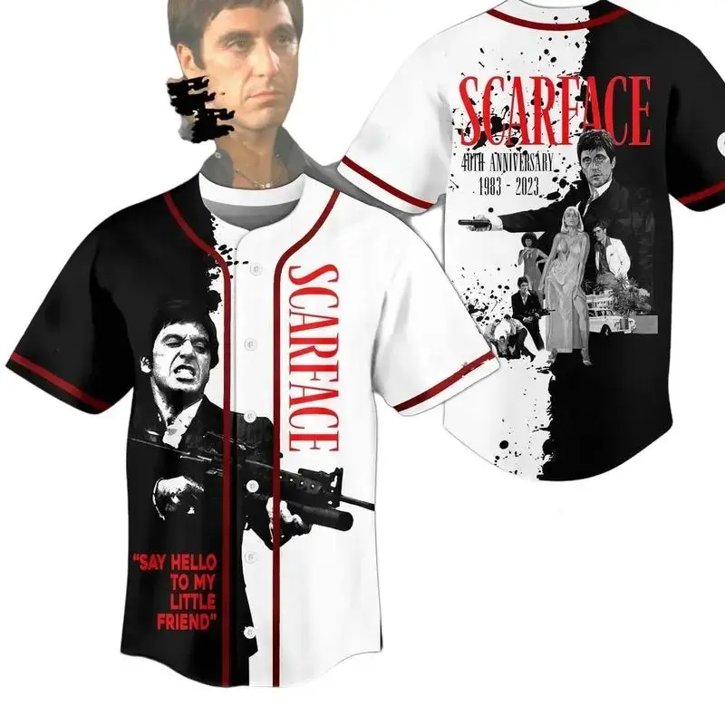 Retro Scarface Tony Montana Baseball Jersey 40th Anniversary Movie Graphic Button Up Shirt Hip Hop Streetwear Split Black White Mens Oversized Athletic Tee Gift