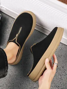 Men's Retro Thick Sole Zipper Slip-On Sandals, Faux Fur Textured Lazy Casual Mueller Shoes, Durable Soft Outsole for Daily Use, Thick Sole Mules