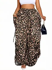 Women's Plus Size Leopard Print Wide Leg Pants, High Waist Elastic Waist Adjustable, Loose-Fitting Long Pants, Casual All Seasons Fashion, Casual High Waisted