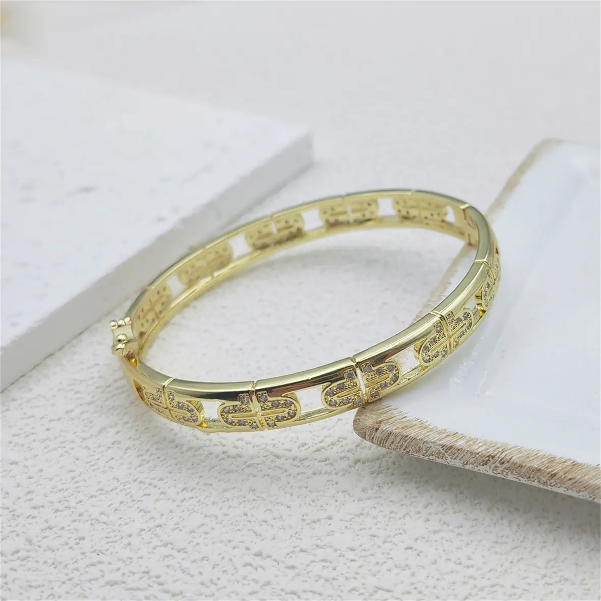Luxury Designer Inspired Gold Bangle Bracelet, Sparkling CZ Diamond Hollow Link Bangle, Elegant 14K Gold Plated Jewelry for Women