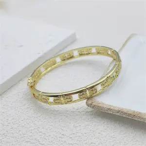 Luxury Designer Inspired Gold Bangle Bracelet, Sparkling CZ Diamond Hollow Link Bangle, Elegant 14K Gold Plated Jewelry for Women