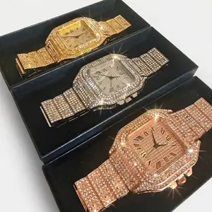 Luxury Minimalist Quartz Watch for Men Iced Out Stainless Steel Business Casual Wristwatch with Alloy Rhinestone for Party or Daily Bling