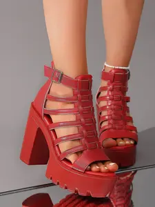 Women's High-Heeled Hollow-Out Roman Shoes, Thick Sole Chunky Heel Sandals, Strappy Sandal, European & American Style Classy Fashion Elegant Stylish Elevator Footwear