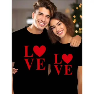 Couples Matching Outfits T Shirt - 100% Cotton Casual Short Sleeve with Red LOVE Print, Crew Neck, Machine Washable - Perfect Summer Gift for Him and Her, Couples Matching Tees