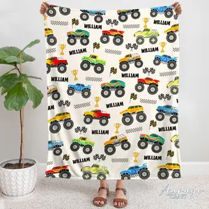 Personalized Monster Trucks Blankets Baby Name Blanket Birthday Gift For Kids Toddler Boy Gift For Newborn  Boy Bedding Gift