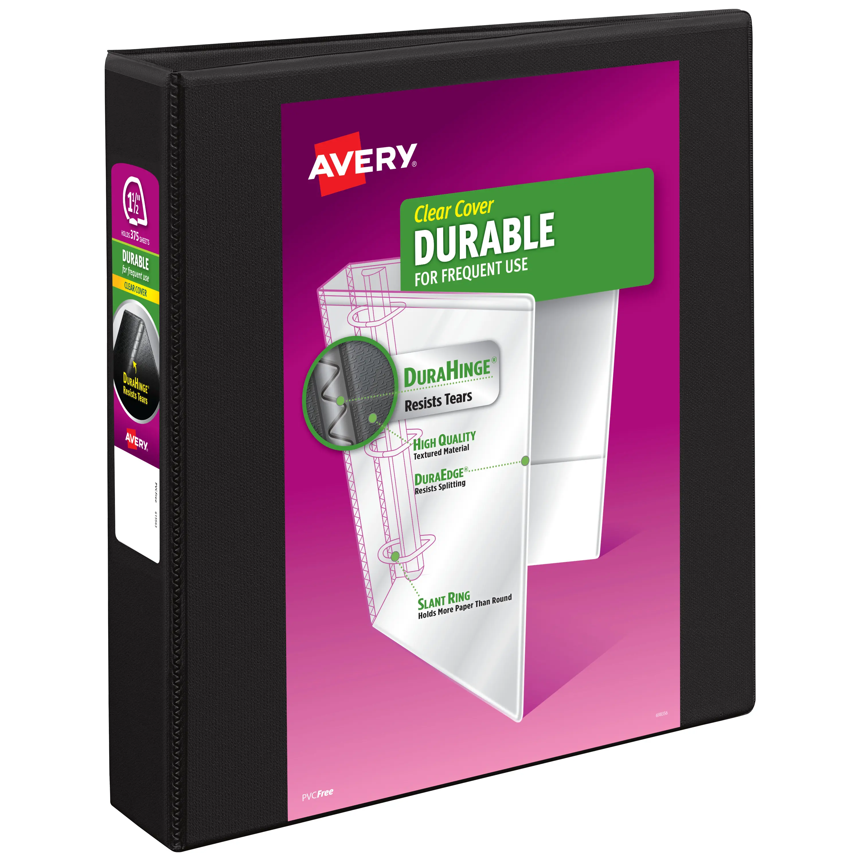 Avery Durable View 3-Ring Binder - 1.5 in Slant Rings, 375 Sheets Capacity, DuraHinge, 2.1 in Wide Spine, Customizable Covers & Spine, Black (17021) - School, Recipe, Document Binder with Page Protection