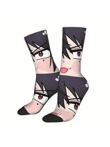 BIIHUDU Game-Inspired Polyester Socks for Men Casual Stylish Socks - Playful Anime-Style Design with Cartoon Faces & Red Accents, Knit Fabric, 300