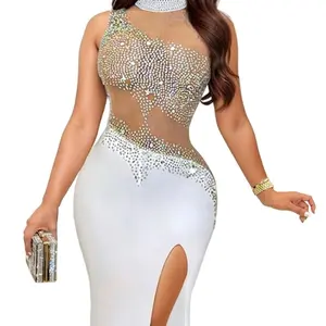 Vestido de noche transparente de malla con diamante de imitación