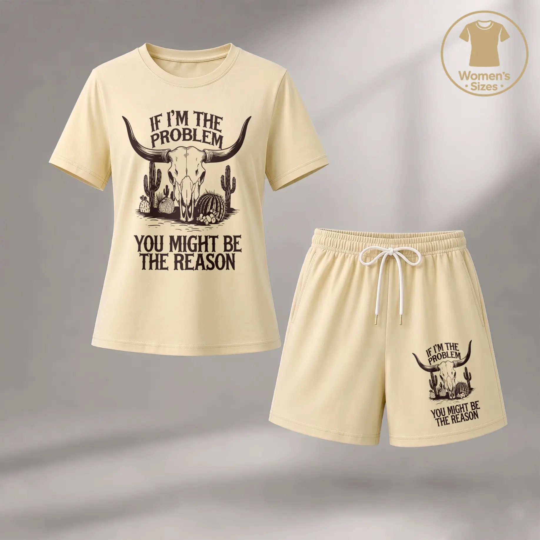 Women's Western Graphic Print T-Shirt and Shorts Set, Casual Two-Piece Outfit with Skull, Cactus, and Bold Statement Design for Summer, Vacation, and Outdoor Wear