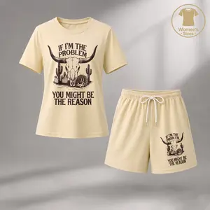 Women's Western Graphic Print T-Shirt and Shorts Set, Casual Two-Piece Outfit with Skull, Cactus, and Bold Statement Design for Summer, Vacation, and Outdoor Wear