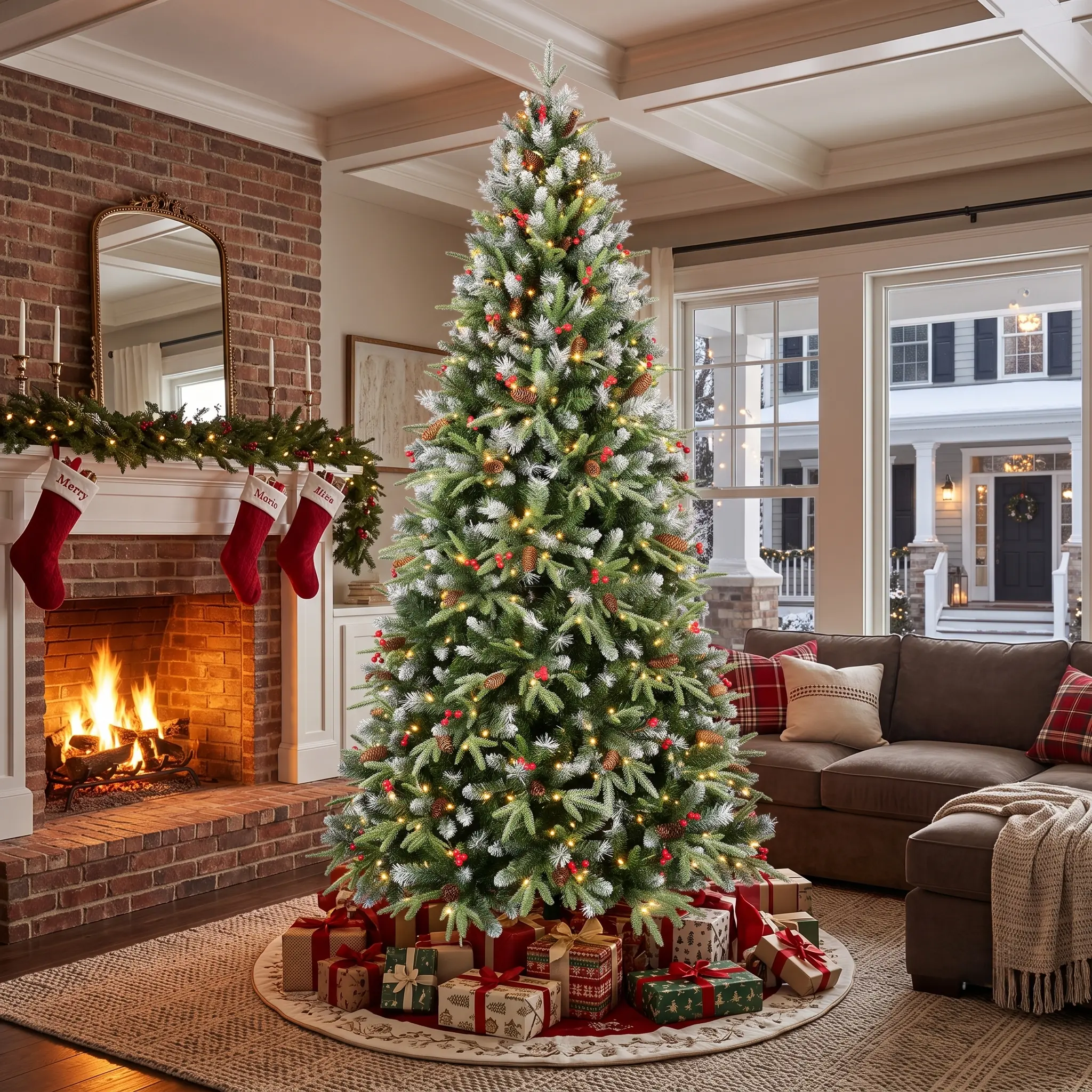 Artificial Christmas Tree 4-9FT, Available Pre-Lit or Unlit, Realistic PE/PVC Hinged Tree with Pine Cones, Red Berries & Frosted Tips for Indoor Holiday Home Decor