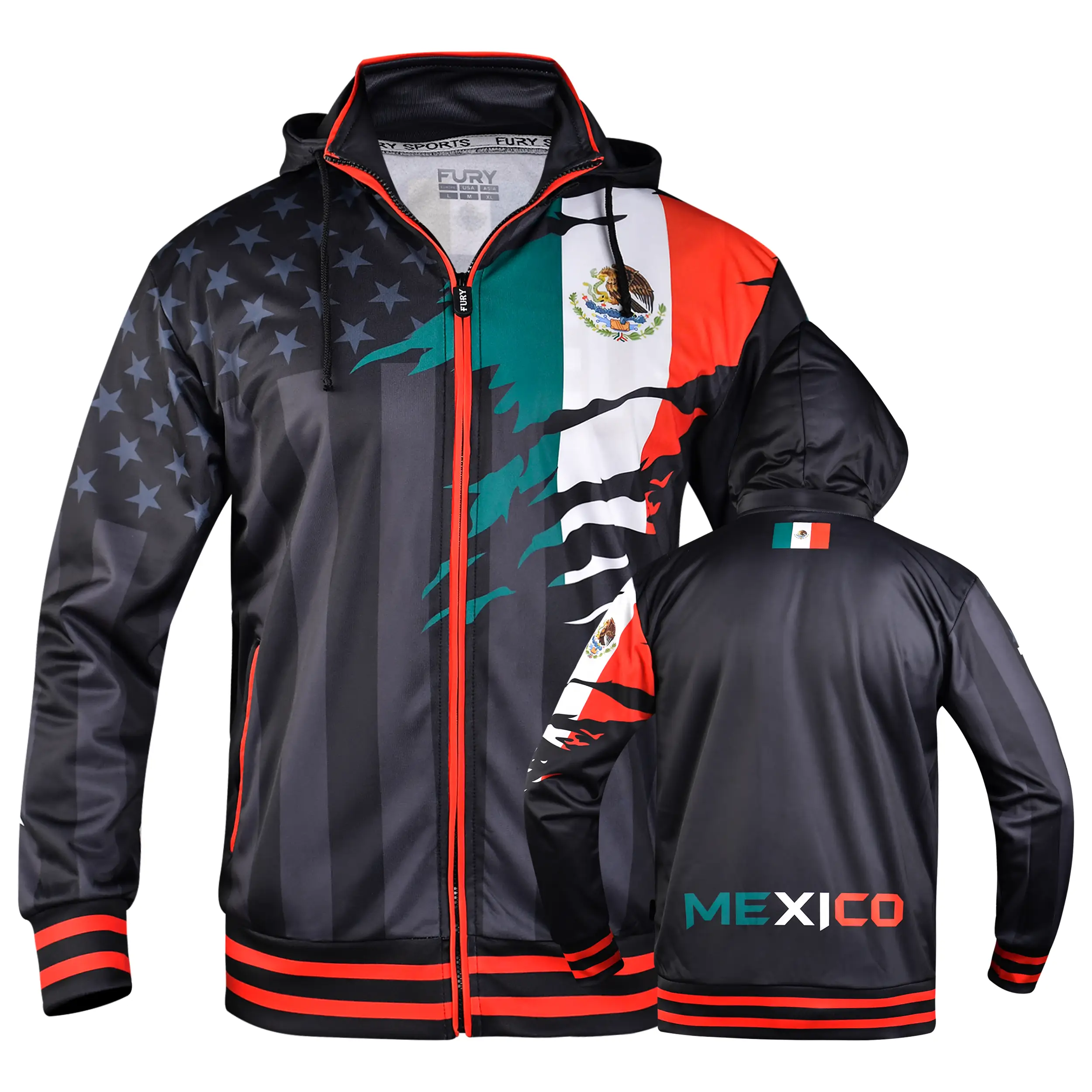 Fury Versatile Lightweight All-Weather Sports Jacket with Removable Hood for Usa flag design with Mexico Guatemala Honduras and El Salvador Unisex mex