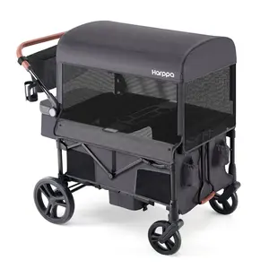HARPPA Foldable 2 Seater Baby Stroller Wagon with Canopy & Mosquito Net, Stroller with Cup Holders & Stroage, All-Terrain Wheels, Adjustable Handle, For Outdoor & Beach, Baby Items
