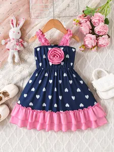 Summer Girls Sleeveless Floral Dress, Cute Dress, Heart Print Pattern, Large Flower Embroidery, Perfect for Daily, Comfort Soft Fabric